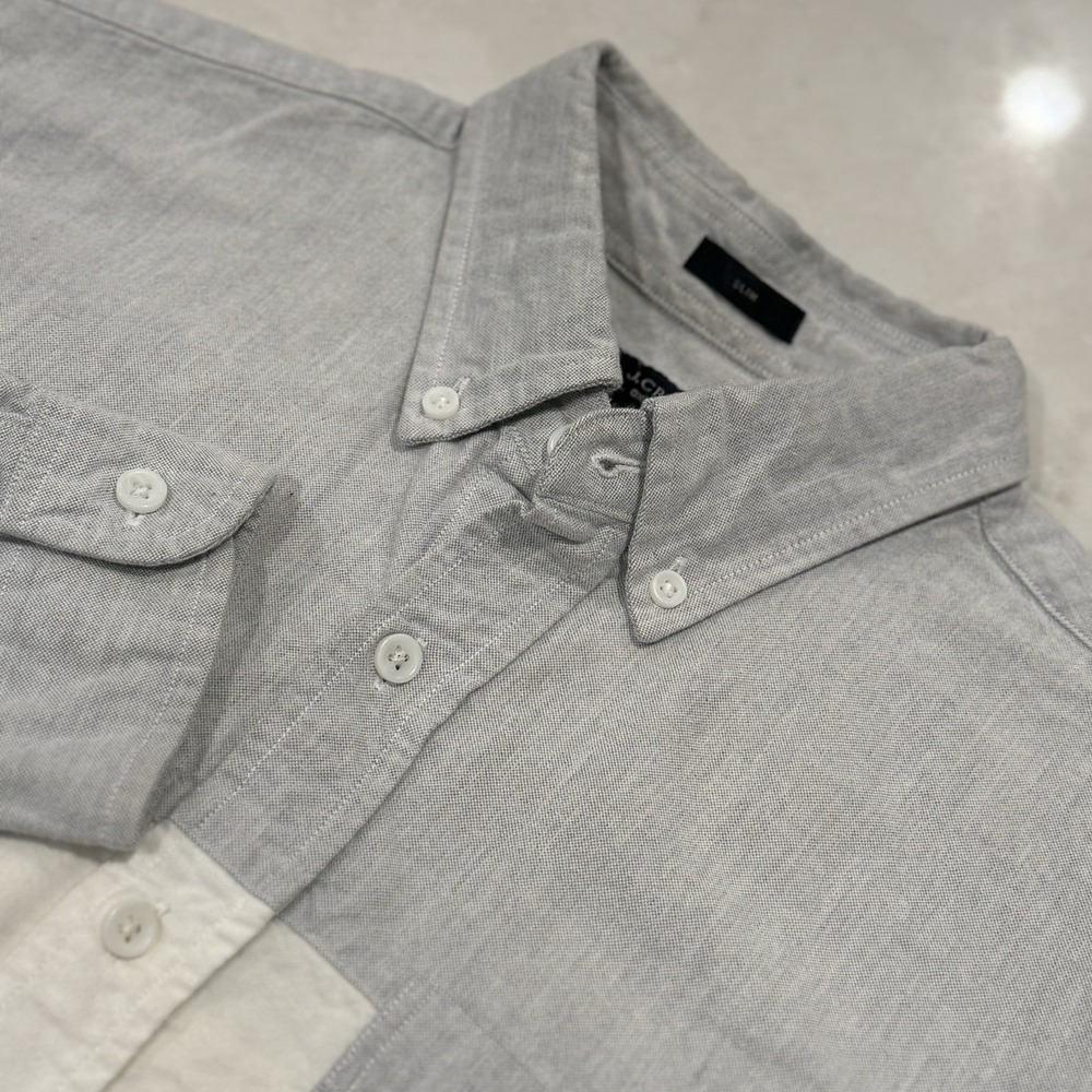 J.Crew Grey Oxford Button Down W/White Band Mens Medium Slim Fit 100% Cotton